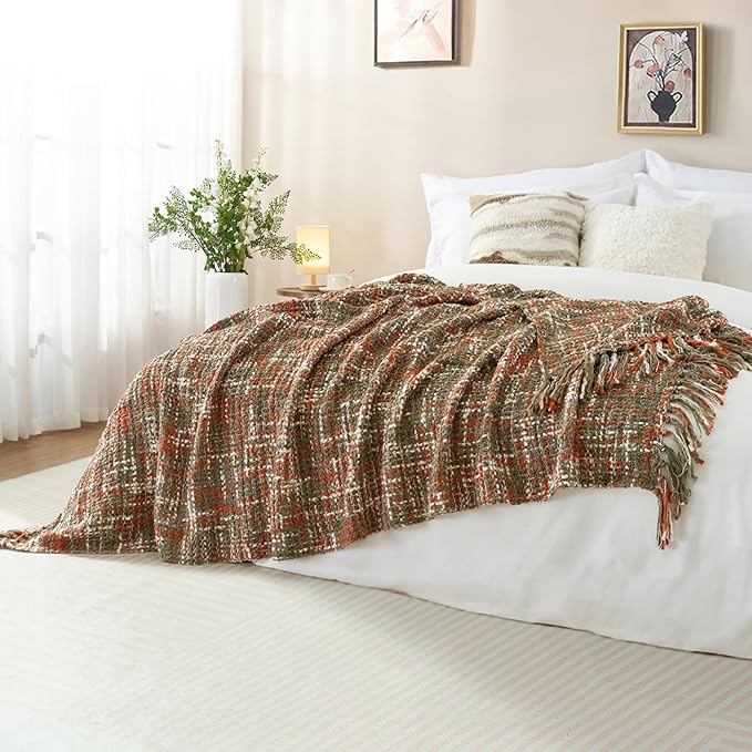Multi-Color Orange Cable Knitted Throw Blanket for Couch,60"X80" Boho Style Textured Blankets for Home Decor,Super Soft Warm Cozy Chunky Knit Blanket with Decorative Tassels for Bed and Sofa
