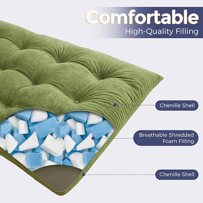 MAXYOYO Japanese Floor Mattress Queen Size, 6" Foldable Futon Mattress Tufted Roll Up Floor Bed, Thick Chenille Tatami Mat Sleeping Pad for Camping Guest Room Dormitory Bedroom RV, Green