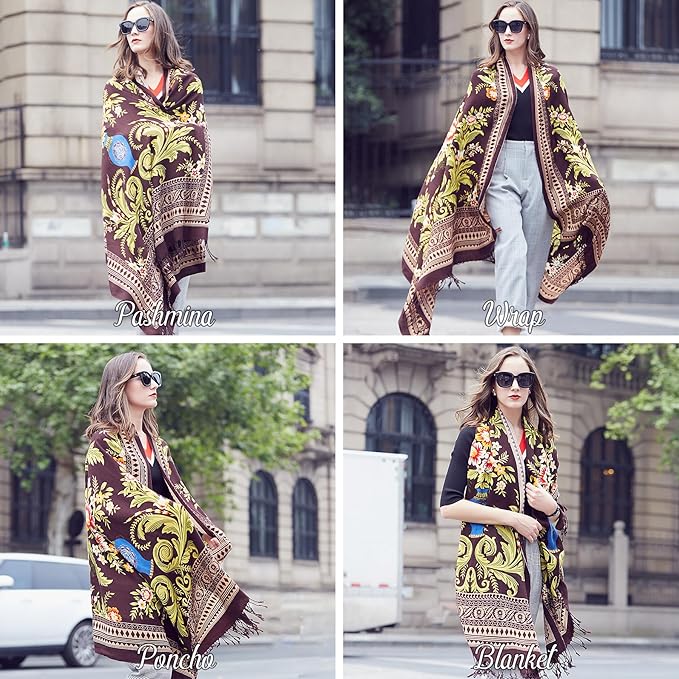 DANA XU 100% Merino Wool Pashmina Shawl for Women 96"x43", Oversized Cashmere Wrap with Tassels, Floral Travel Blanket Cape