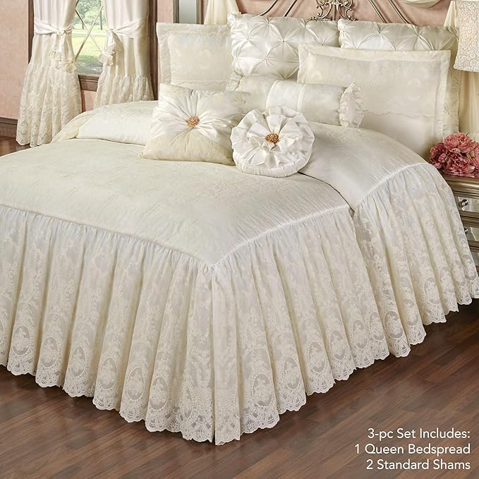 Cameo Lace Luxury Washable Polyester Bedding Set | Vintage Elegant | Pearl | Scroll Leaf Floral Cameo Quilting Embroidered | Set of Three: Queen Bedspread and Two Standard Shams