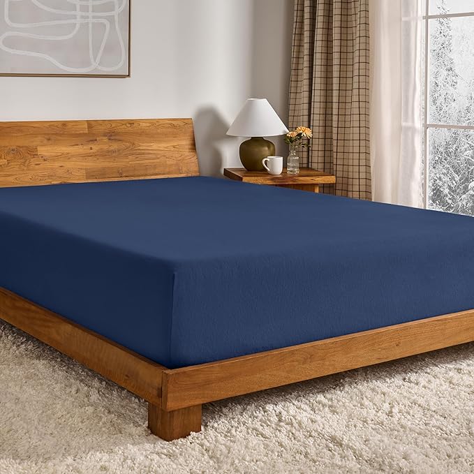 Bare Home Flannel Fitted Bottom Sheet 100% Cotton, Velvety Soft Heavyweight - Double Brushed Flannel - Deep Pocket (Twin, Dark Blue)