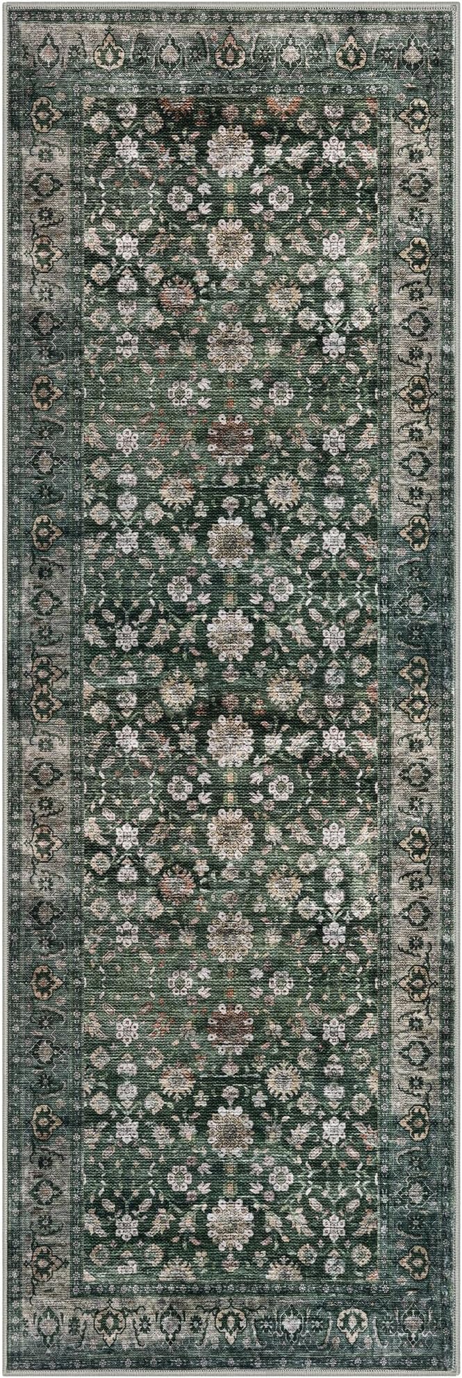 KUTA Runners for Hallways 2x6 Dark Green, Vintage Floral Rug Non-Slip Washable Kitchen Rugs Ultra Thin Soft Printed Retro Distressed Flower Carpet Entryway Rugs for Bedroom Laundry Nursery
