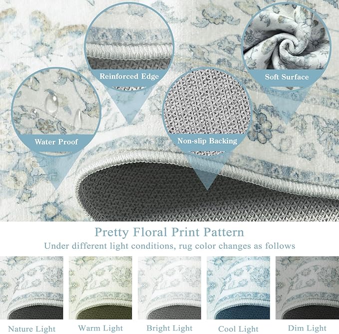 Moynesa Vintage Washable Blue 2x6 Hallway Runner Rug, Neutral Distressed Oriental Runner for Entryway Kitchen Bathroom Bedroom, Low Pile Soft Non-Slip Carpets for Nursery Laundry