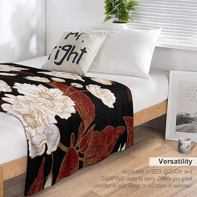 Red Gold Floral Blanket, Boho Dark Flower Leaves Chinese Plum Blossoms Botanical Vintage Throw Blanket for Bed Living Room Bedding Couch Soft Lightweight Warm Cozy Decor, 40"x50"
