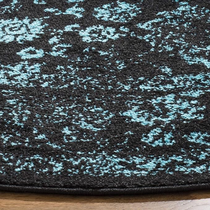 SAFAVIEH Adirondack Collection Area Rug - 8' Round, Black & Teal, Distressed Vintage Floral Design, Non-Shedding & Easy to Clean, Ideal for Living Room, Bedroom, Dining Space (ADR109K)
