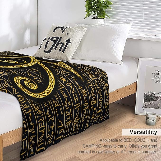 Ancient Egyptian Blanket, Egyptian Eye of Horus Ancient Culture Golden Egyptian Hieroglyphs Alphabet Print Blankets for Couch Sofa Bed Boys Mens, 50"x60"