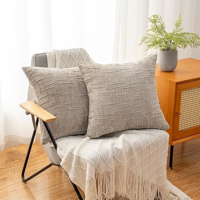 Decorative Throw Pillow Covers 16x16 Inch Set of 2, Soft Solid Farmhouse Chenille Couch Pillows, Spring Pillow Covers for Couch Sofa Bed Living Room Home Decor Pillowcase, Light Khaki