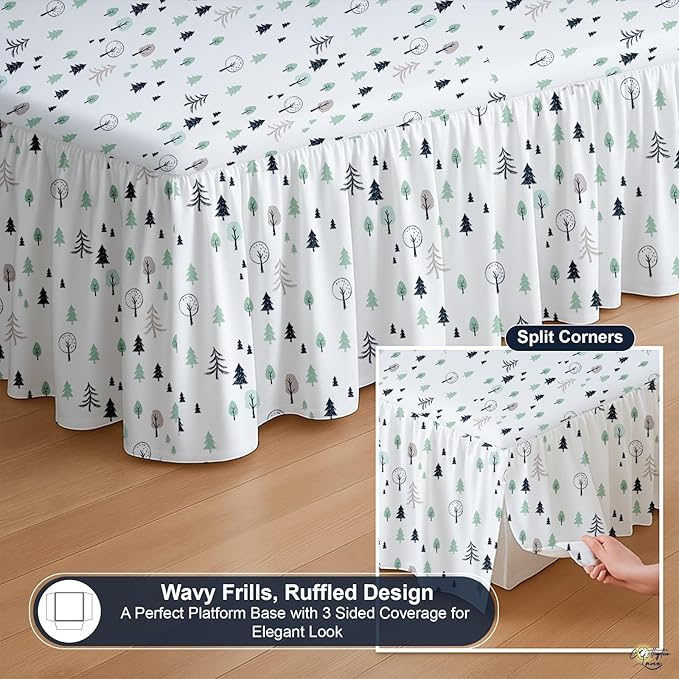 Cottington Lane Ruffled Bed Skirt Queen Size with Split Corner, Brushed Microfiber Hotel Quality Dust Ruffle, 15 Inch Drop Gathered Bedskirt, Soft, Stylish, Shrink & Fade Resistant, Winter Forest