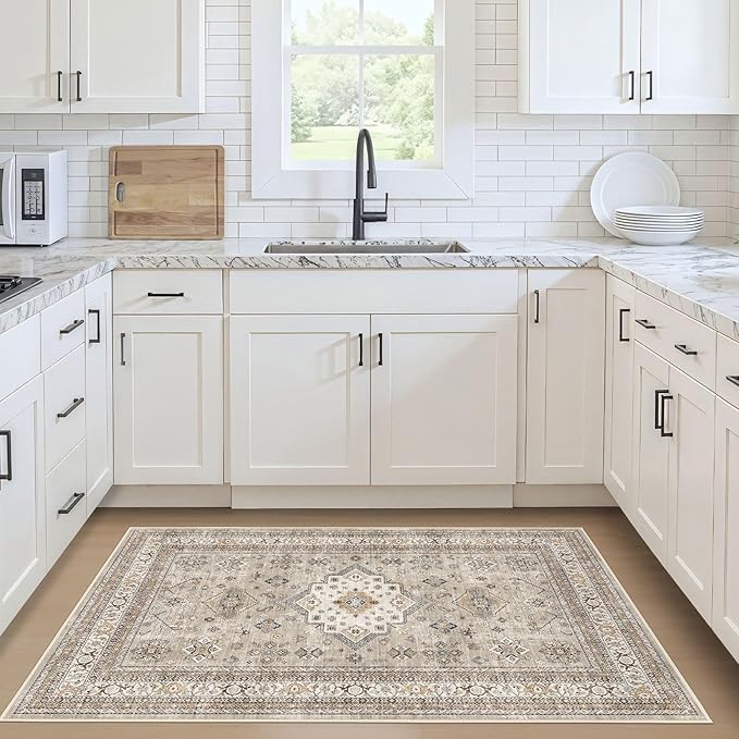 Vintage Living Room Area Rug 3x5 - Large Soft Washable Oriental Traditional Distressed Farmhouse Rugs for Bedroom - Indoor Floor Accent Carpet for Home Office House Decor - Beige