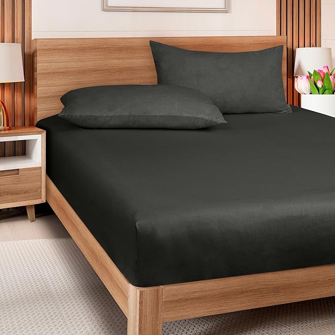 ROYALE LINENS 300 Thread Count 100% Long Staple Combed Cotton Fitted Sheet Queen - Super Soft Deep Pocket Bottom Sheet - Fitted Sheets Only - Elastic Sheets (Queen, Black)