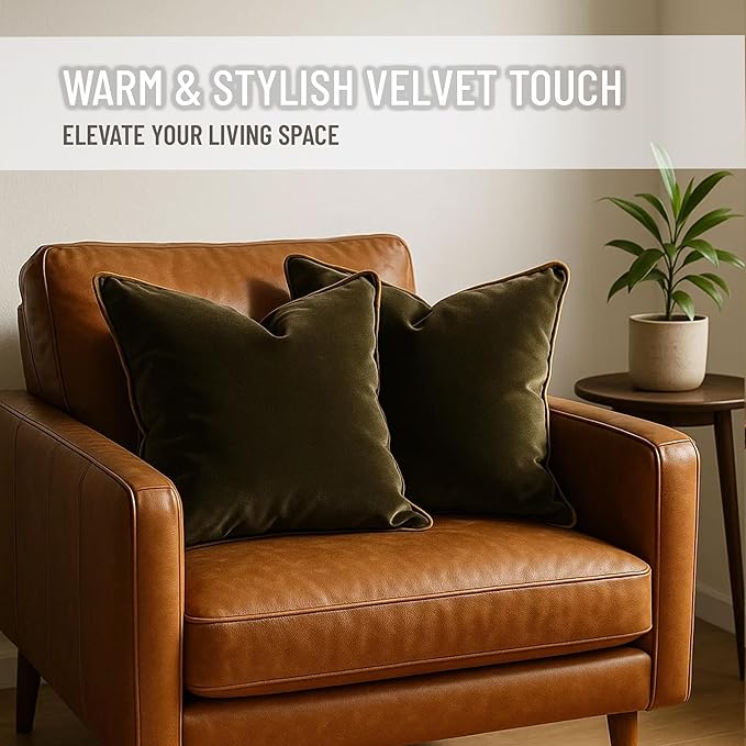 2 Pack Velvet Decorative Throw Pillow Covers, 20"x20", Green and Camel, Solid, Modern, Contrast Piping, Indoor Use, Bedroom & Living Room