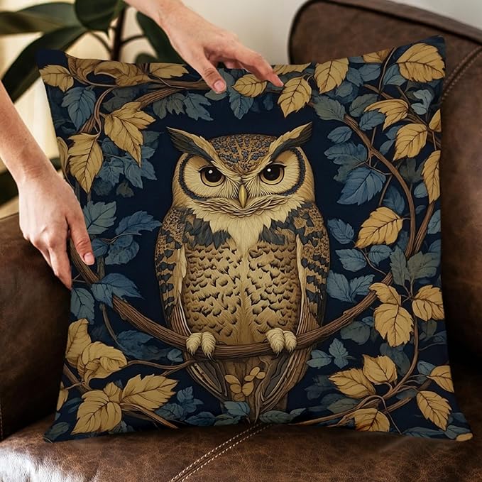 YOU FOUND ME William Morris Abstract Vintage Floral Velvet Butterfly Design Throw Pillow Covers Home Decor, Retro Art Deco Pillowcase Cushion Cover for Bed Sofa Living Room, Square 18x18inch (Owl)