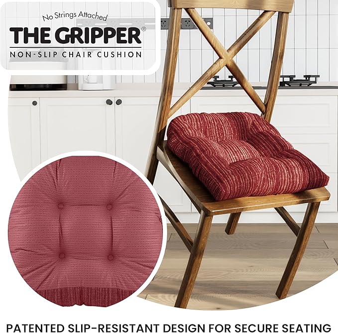Klear Vu Gripper Overstuffed Universal Non-Slip Dining Chair Cushions for Kitchen Decor or Office Use, U-Shaped Skid-Proof Seat Pad, 17x17 Inches, 2 Count (Pack of 1), Chenille Garnet Red