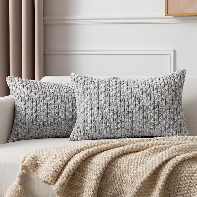 Kevin Textile 12x24 Inch Pillow Cover 1 Pack Boho Decorative Soft Striped Corduroy Lumbar Farmhouse Solid Color Accent Rectangle Cushion Case for Living Room Couch Sofa Bed, Light Grey