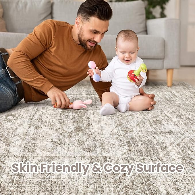 Vintage Living Room Area Rug 6x9 - Large Soft Washable Oriental Traditional Distressed Farmhouse Rugs for Bedroom - Indoor Floor Accent Carpet for Home Office House Decor - Distressed Light Brown