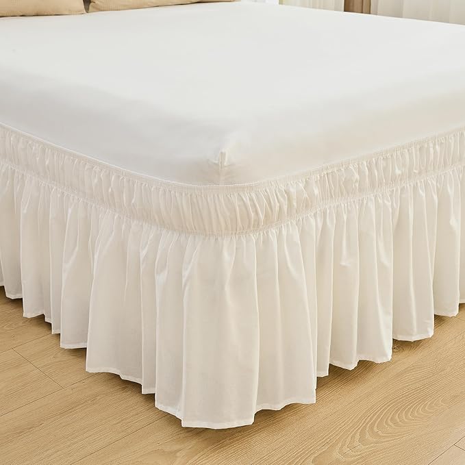 BISELINA Wrap Around Bed Skirts 17" Drop, Cotton Adjustable Elastic Dust Ruffles Easy Fit Wrinkle & Fade Resistant Soft Cozy Elegant Luxurious Bedding - White, King Size