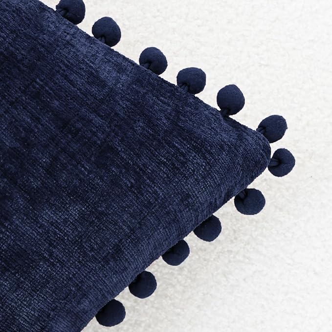 CaliTime Throw Pillow Covers Decorative 18 X 18 Inches Pack of 2 Cozy Solid Dyed Soft Chenille Cushion Cases with Pom Poms for Couch Sofa Bed Living Room Home Navy Blue