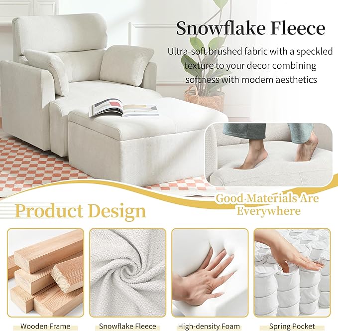 Modern Oversized Accent Chair with Storage Ottoman & Side Pillows, Snowflake Fleece Upholstered Chaise Lounge Chair, Deep Seat Reading Chair for Living Room, 350lbs Capacity