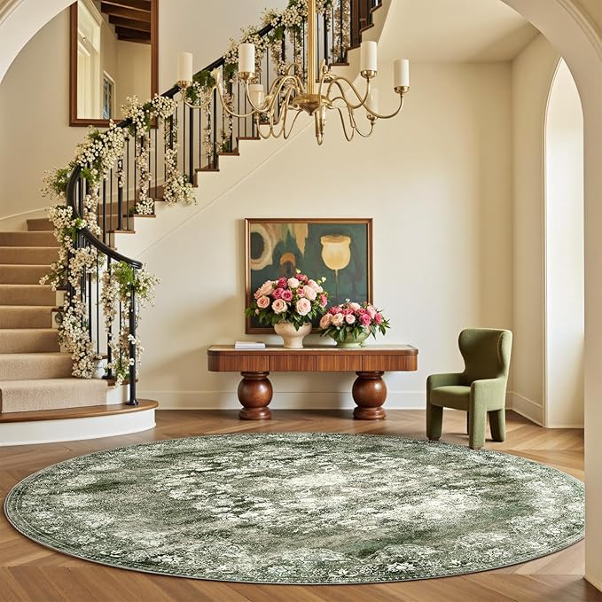 jinchan Round Rug 7ft Area Rug - Green Vintage Floor Mat Kitchen Indoor - Washable Circle 7' Thin Floral Print Christmas Carpet Retro Farmhouse Non Slip Dining Room Living Room Bedroom Office