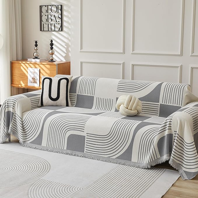 Boho Couch Cover Sofa Covers Washable, Chenille Couch Covers for 3 Cushion Couch Sofa Pet Friendly, Bohemian Sofa Slipcovers for Sectional Sofa, Loveseat, 2 3 4 Seater (91" x 150", Grey)