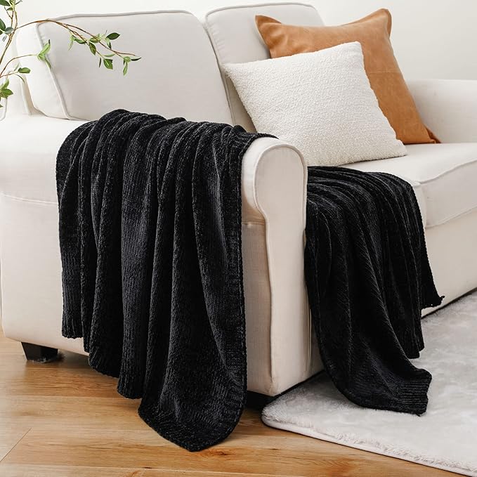 BATTILO HOME Black Throw Blanket for Couch, Woven Chenille Throw Blankets for Bed, Chair, Sofa, Black Knitted Blanket Cozy Soft Blanket, 51"x67"