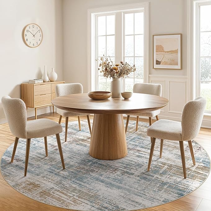 8ft Round Area Rug for Living Room: 8x8 Washable Neutral Abstract Modern Soft Rugs Non Slip Indoor Floor Stain Resistant Carpet for Bedroom Dining Room Office Nursery - Blue Brown