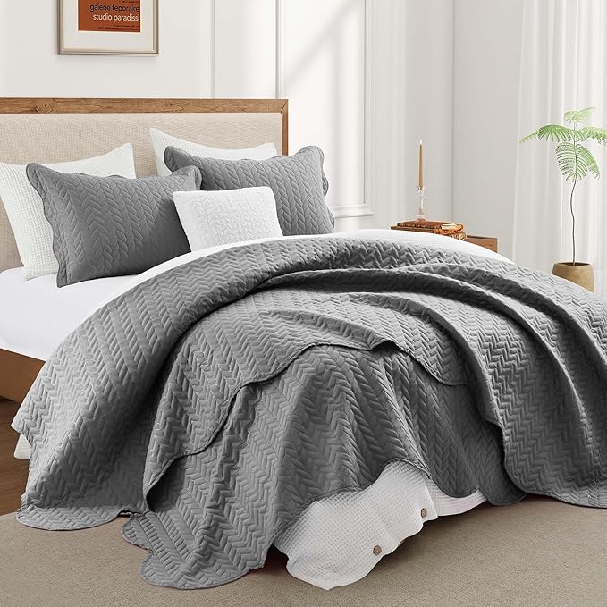 IR Imperial Rooms King Quilt Bedding Set Size (106" x 96") + 2 Pillow Shams (20" x 36"+ 2") - 3 Pcs All Season Lightweight Reversible Microfiber Coverlet Embossed Quilt Bedspread (Grey)