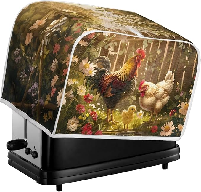 Chicken Rooster Flower Toaster Cover 2 Slice Wide Slot, Washable Kitchen Appliance Cover Dust Resistant Protector for Home, Toaster Protector Kitchen Accessories