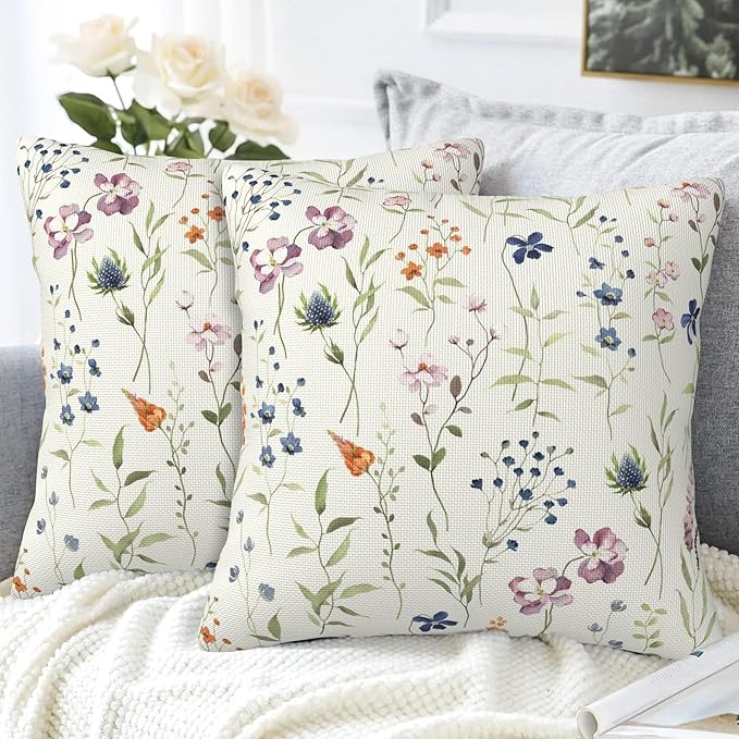 Throw Pillow Covers Spring Summer Floral Pillow Covers 20x20 Inch Set of 2 Watercolor Flowers Throw Pillows Decorative Pillow Cases Cushion Covers for Bedroom Livingroom Sofa Farm House