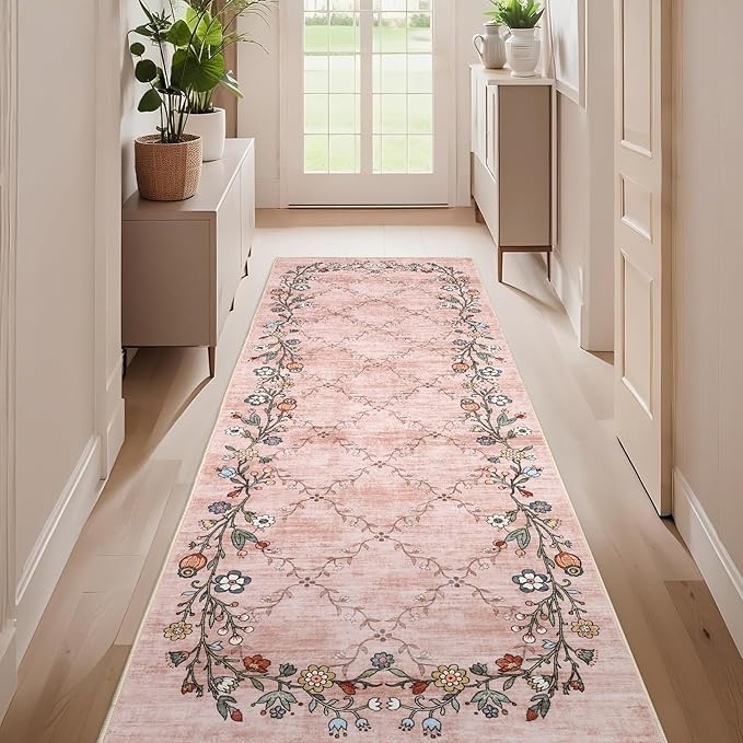 GarveeHome 2x6 Washable Floral Runner Rugs for Hallway: Modern Floral Non Slip Large Runner Rugs for Kitchen, Large Machine Washable Hallways Low Pile Carpet with Non-Slip Backing Pink 2 ft x6 ft.