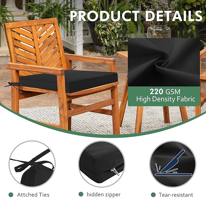 Outdoor Chair Cushions Set of 4: Waterproof & Fade Resistant Seat Cushion for Patio Furniture - 19 x 19 x 2 Inch Chair Pads with Ties and Hidden Zipper - Patio Chair Cushion Replacement, Black