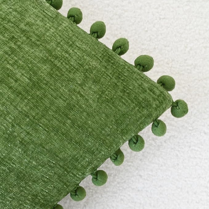 CaliTime Throw Pillow Covers Decorative 20 X 20 Inches Pack of 2 Cozy Solid Dyed Soft Chenille Cushion Cases with Pom Poms for Couch Sofa Bed Living Room Home Forest Green
