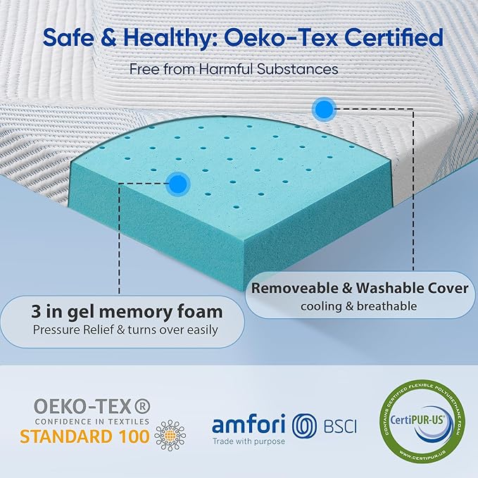 3 Inch King Size Gel Memory Foam Mattress Topper High Density Cooling Pad Pressure Relief Bed Topper with Removable & Washable Cover
