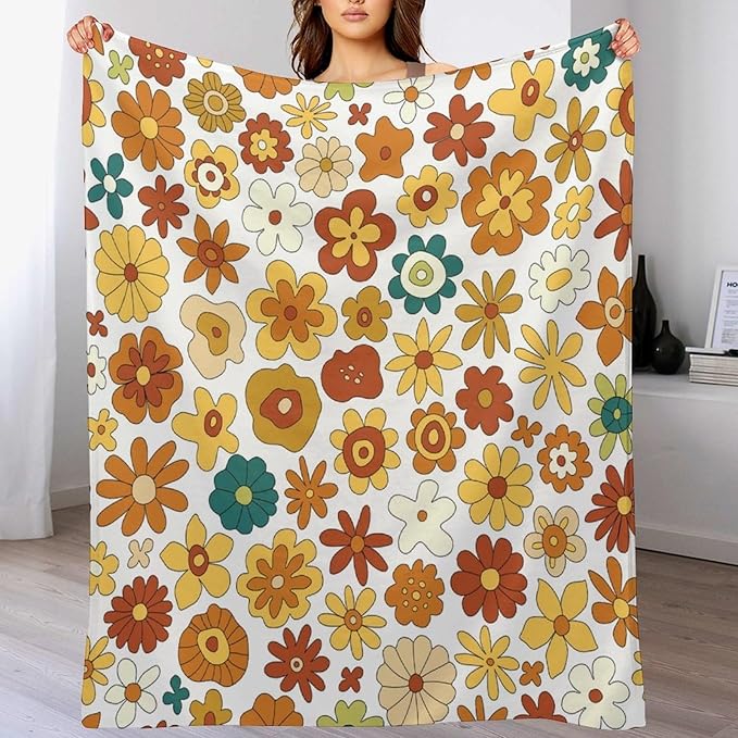 Vintage Hippie Floral Blanket, 70s Boho Abstract Yellow Orange Flowers Funny Print Throw Blanket for Holiday Theme Home Decor Bedding Couch 50"x60"