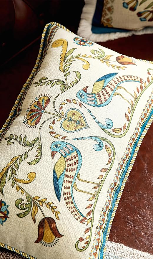 patdrea Designer Rectangle Throw Pillow Covers,Farmhouse Blue Linen with Birds Floral Pattern Pillow Cover,Decorative Lumbar Pillowcases Cushion for Bed Living Room Outdoor Car,12"x20"