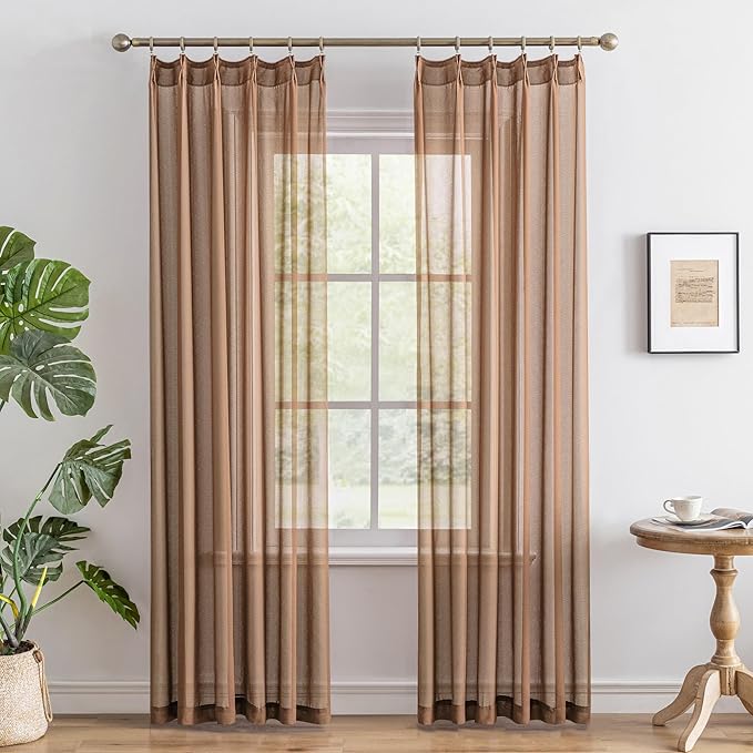 Mocha Sheer Pinch Pleat Curtains 80 Inch Length for Patio Door Light Filtering Soft Touch Elegant Lightweight Pleated Drapes with Hooks for Traverse Rod, Mocha Moose, 42" W x 80" L, 2 Panels