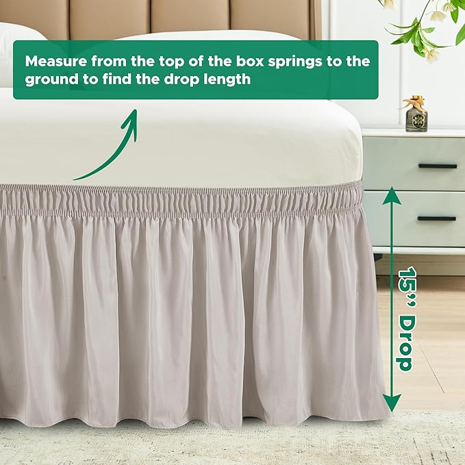 Biscaynebay Wrap Around Bed Skirts for Twin & Twin XL Beds with 15" Drop, Camel Grey Adjustable Elastic Dust Ruffles Easy Fit Wrinkle & Fade Resistant Silky Luxurious Fabric Machine Washable