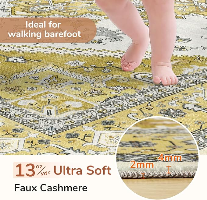 OPPODREAM Thin Area Rugs 9x12 Living Room, Washable Rugs 9x12 with Non Slip Backing, Faux Cashmere Low-Pile 9 x 12 Carpet, Yellow
