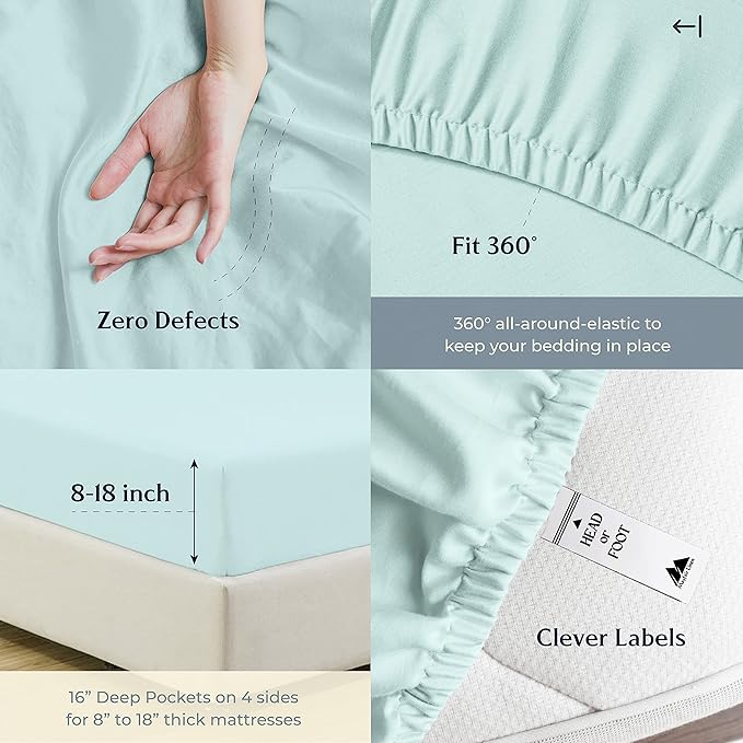 Mayfair Linen 100% Cotton Bed Sheets Queen Set - 500 Thread Count Cotton Sheets for Queen Size Bed, 4 PC Set (Sea Foam), Ultra Soft, Cooling, Sateen Weave 16" Deep Pocket Bedsheet for Hot Sleepers