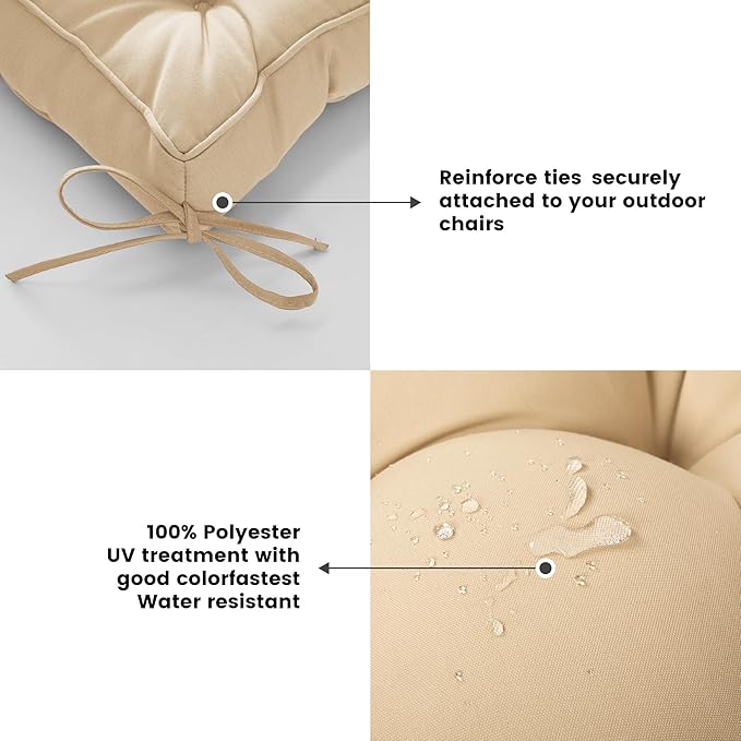 ARTPLAN Outdoor Seat Cushion,Square Thick Tufted Pure Chair Cushion for Patio Wicker Chair with Tie,Set of 2,19"x19"x5"，Beige