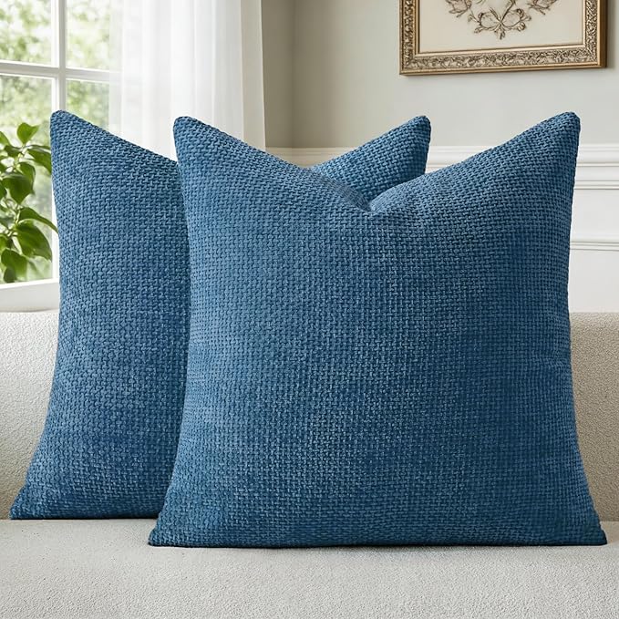 a moment Ocean Blue Chenille Throw Pillow Covers 20x20 Inch Pack of 2 Modern Decorative Throw Pillow Covers Farmhouse Cross Covers Home Decor for Sofa Bedroom Living Room