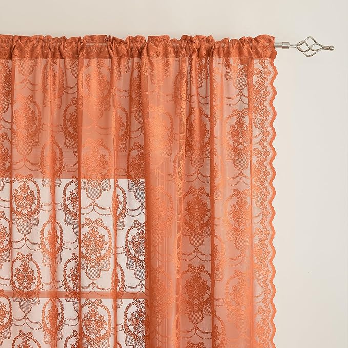 Burnt Orange Lace French Delicacy Curtains 84 Inches Long -Rod Pocket Luxury Vintage Bow Butterfly Flower Sheer Lace Curtains for Living Room Bedroom，52 x 84 Inch, 2 Panels