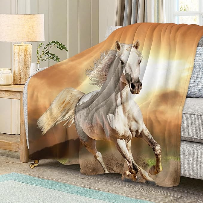 White Horse Throw Blanket for Couch, Super Soft Fuzzy Throws Warm Comfortable Plush Fleece Blanket, Fashion Decorative Flannel Fleece Blanket for All Season(50 x 60 in, White Horse& Sunset)