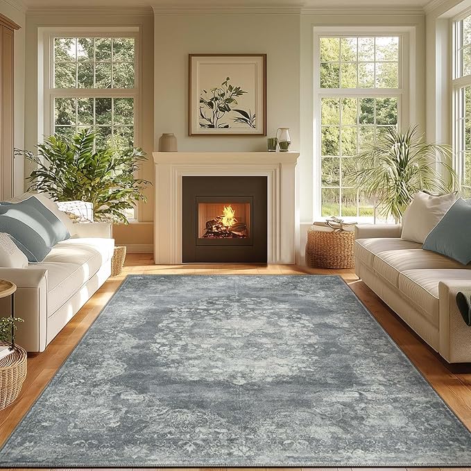 jinchan Washable Area Rug 6x9 for Living Room - Soft Faux Wool Ultra-Thin Stain Resistant Non-Slip Distressed Vintage Floral Rug Large Carpet for Bedroom Dining Room Home Office Nursery(Grey, 6'x9')