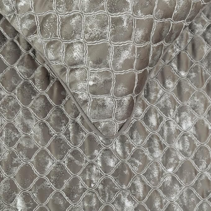 The HomeCentric King/Queen/Twin Grey & Silver Designer CA King 86"x18" Bed Runner with Pillow Cover, Quilted, Foil & Trellis Bed Scarf on Silk Fabric - Jumanah