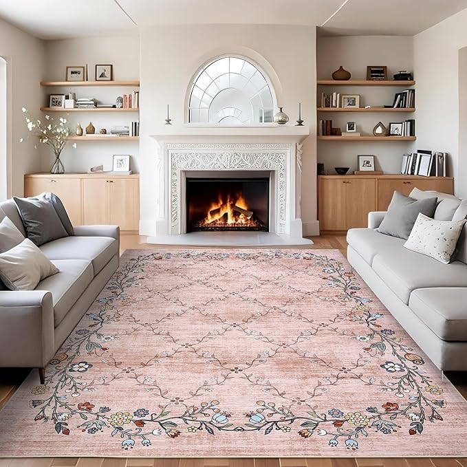 GarveeHome 9x12 Washable Floral Area Rugs for Living Room: Modern Floral Non Slip Large Area Rugs for Bedroom, Large Machine Washable Living Room Low Pile Carpet with Non-Slip Backing Pink 9'x12'.
