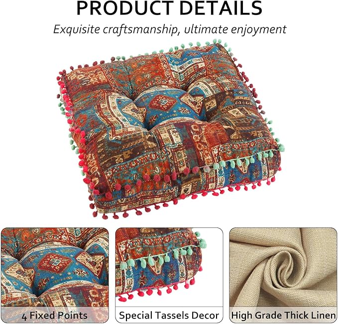 Bohemian Seat Cushion，Indoor & Outdoor 16.5" x 16.5" Seating Cushion for Dinning Chairs, Decorative with Tassels(4Pcs,Blue)
