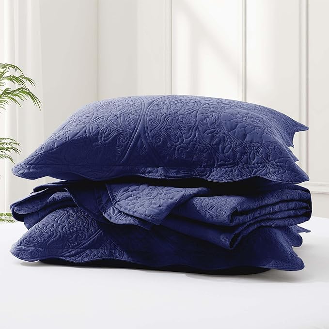 IR Imperial Rooms 8 Pack Quilt King Size Bedding (106" x 96") - Bulk Wholesale for Hotels, Guest Bedroom & Airbnbs - Lightweight Microfiber Reversible Floral Embossed Quilts Bedspreads (Navy)