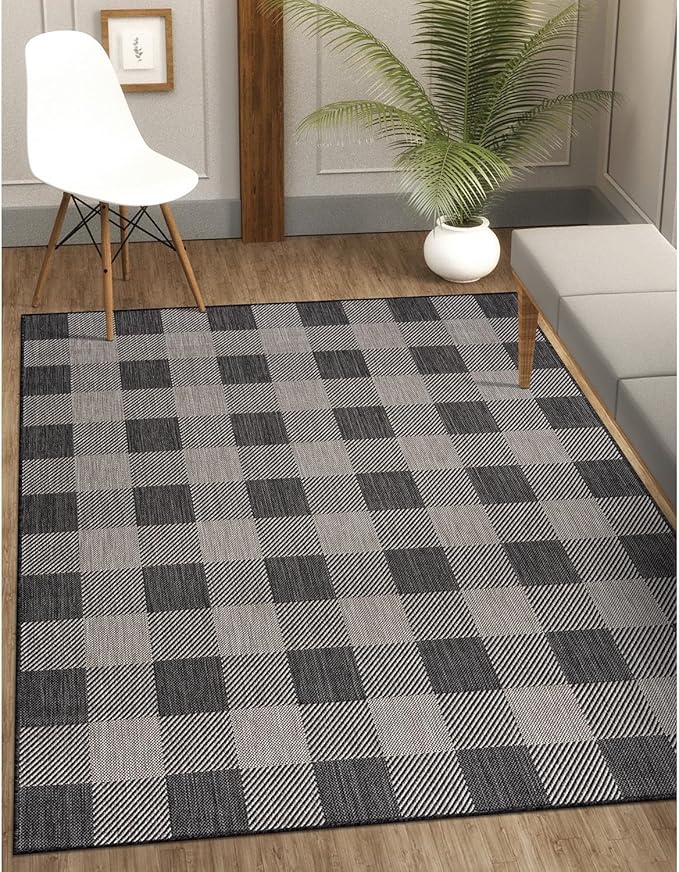 CAMILSON Outdoor Rug - Modern Area Rugs for Indoor and Outdoor Patios, Kitchen and Hallway mats - Easy Cleaning Non Shedding Washable Outside Carpet (8x10, Buffalo - Dark Grey/Light Grey)