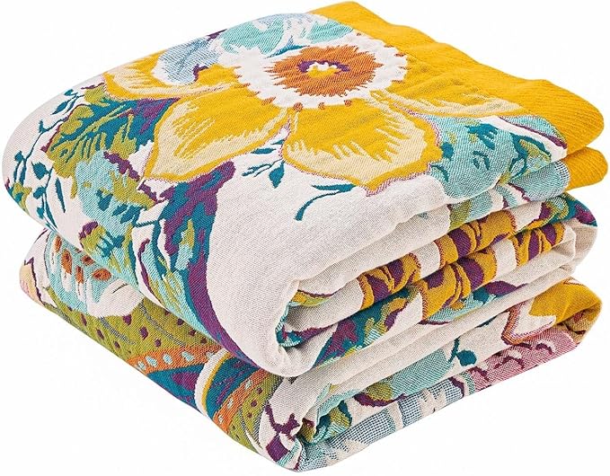 Farmhouse Throw Blanket, 50"x 60" Boho Throw Blankets for Couch Cover, 100% Cotton Bohemian Vintage Quilt for All Seasons Reversible Florals Lightweight Picnic Blankets Home Decoration